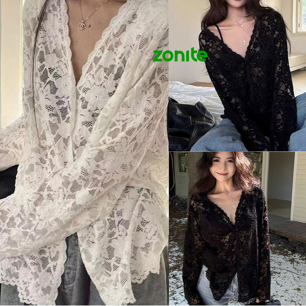 เสื้อเชิ้ตสีดำคอวีงานลูกไม้ สไตล์หรูหราเหมาะกับหน้าร้อน