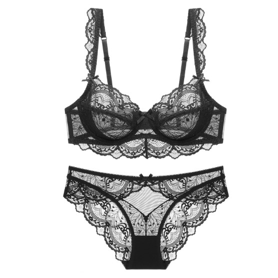 Victorias Secret สไตล์เย็บปักถักร้อยสีแดงผู้หญิง Bra และกางเกงชุดชุดชั้นในเซ็กซี่ Ultra Thin โปร่งใส Plus C8L0