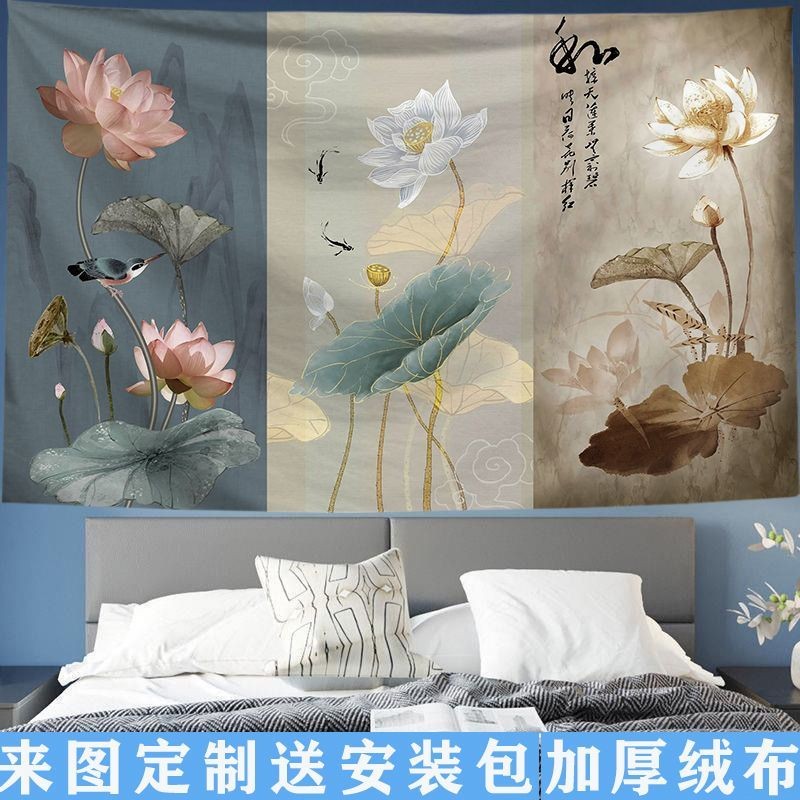 จัดส่งจากไทย] ผ้าพื้นหลังดอกบัวจีนย้อนยุค Agirl ผ้าแขวน ผ้าตกแต่งห้องนั่งเล่น ผ้าแขวนภาพวาด ห้องพัก ตกแต่งหอพัก ผ้าพื้นหลังผนัง ผ้าทอ - รูปที่ 2