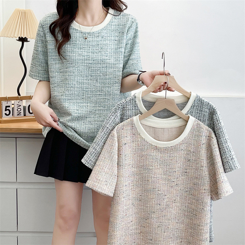 ผู้หญิงไซส์ใหญ่ XL-4XL แฟชั่น XL-4XL เสื้อยืดฤดูร้อน Vintage Ladies Office-wear สีเทาสีฟ้า Tops