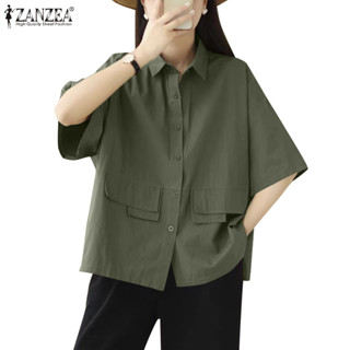 Zanzea ผู้หญิงเกาหลีสตรีทแฟชั่นปกกลางแขนเสื้อปุ่มขึ้นเสื้อหล…