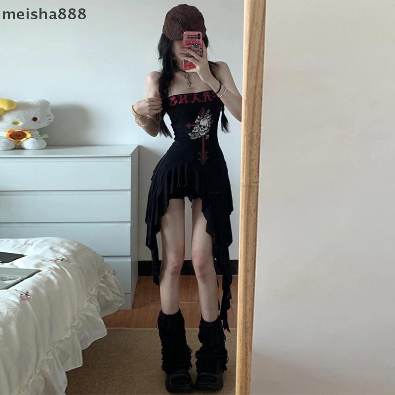 Meisha888 ไม่สม่ําเสมอ Strapless Skull พิมพ์ผู้หญิงฤดูร้อน ck Y2k เดรสสั้นเซ็กซี่ Nice