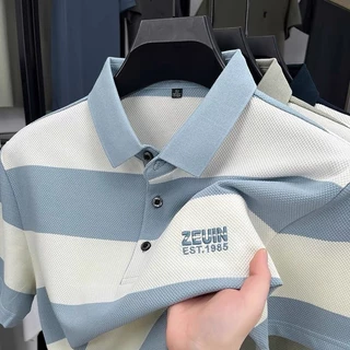 Casual High-End Striped Polo Mens Summer สไตล์ใหม่แขนสั้นแฟชั่นLapel Top