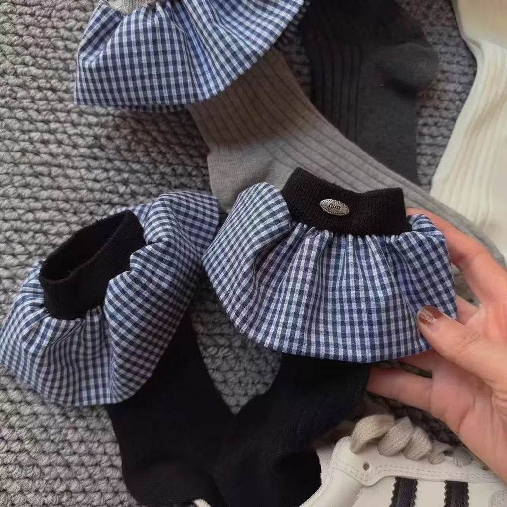 Ins สไตล์เกาหลี Preppy สไตล์หวานลายสก๊อตสีฟ้า Ruffled Lolita ดอกไม้ Bud ถุงเท้าผู้หญิง