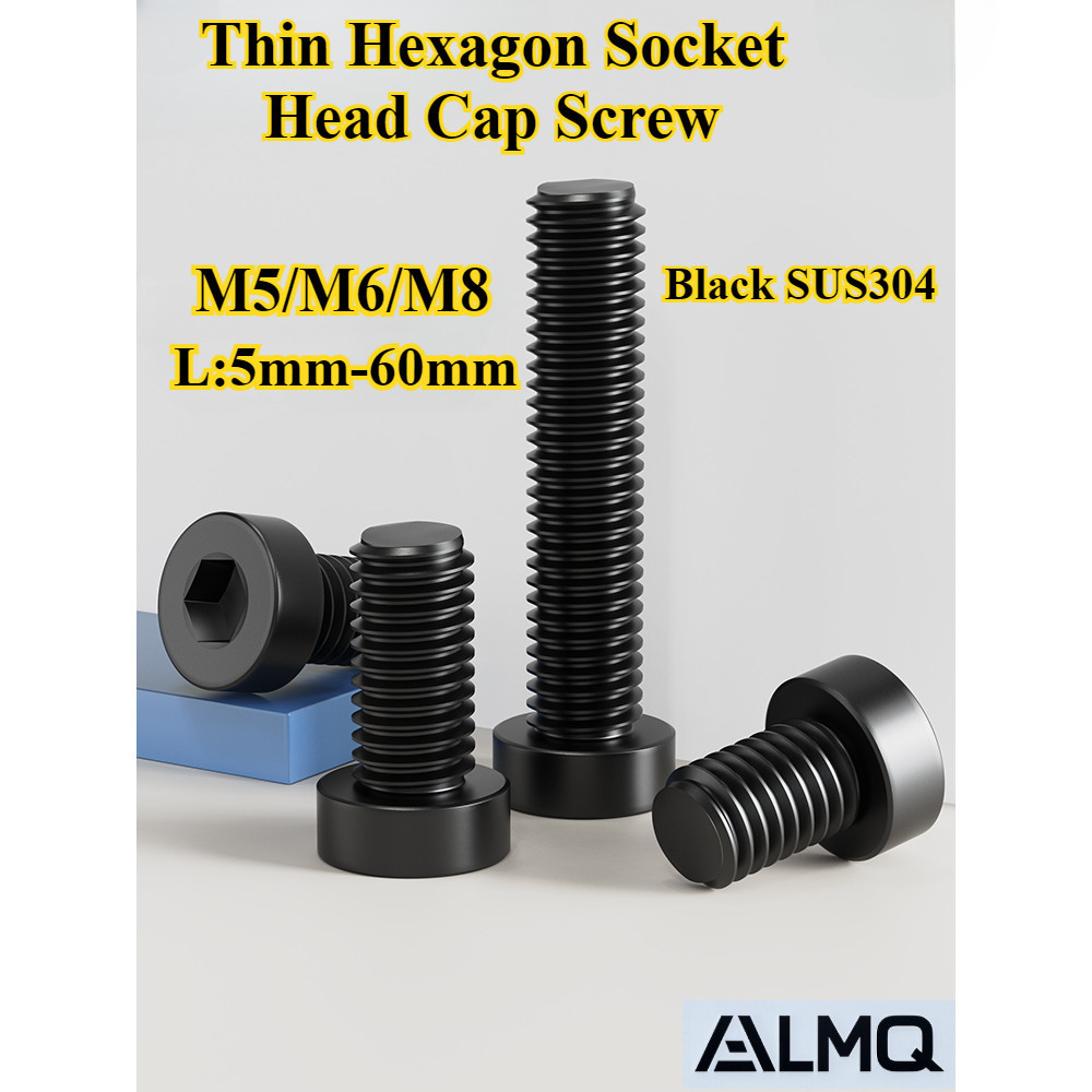 [LMQ-BTNLJLS] สีดํา SUS304, สกรูหัวจมหกเหลี่ยมบาง M5/M6/M8 สลักเกลียวซ็อกเก็ตหกเหลี่ยมต่ํา, ด้ายเต็ม, ความยาว 5 มม.-60 มม.