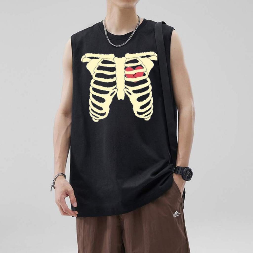 [COD] เสื้อยืด แขนกุด เสื้อกล้าม oversize ผ้าCotton100% แฟชั่น แนวสตรีท เสื้อผู้ชาย 'BONE' แขนสั้น เสื้อวินเทจ s-3xl