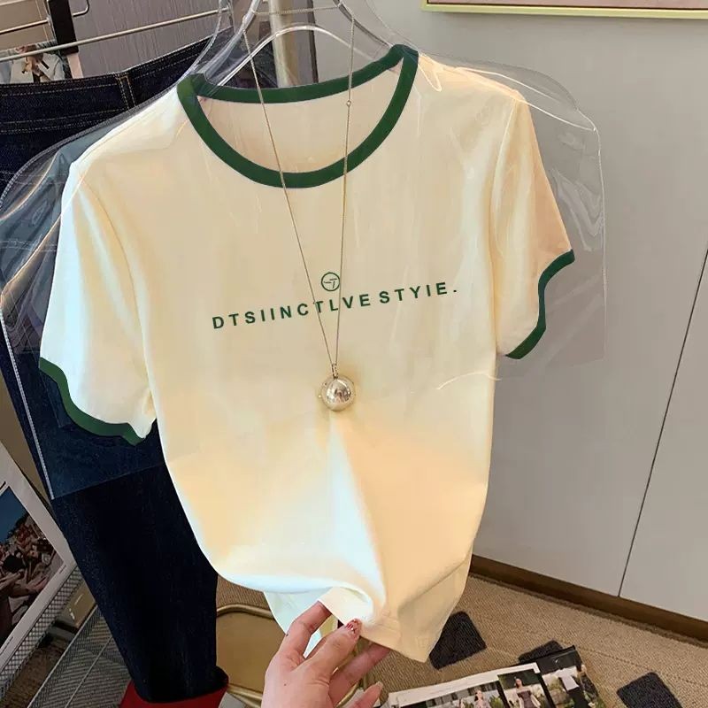 2025 สไตล์ใหม่สีคมชัดแขนสั้นเสื้อยืดผู้หญิงแฟชั่นแฟชั่นSlimmerดูด้านบน