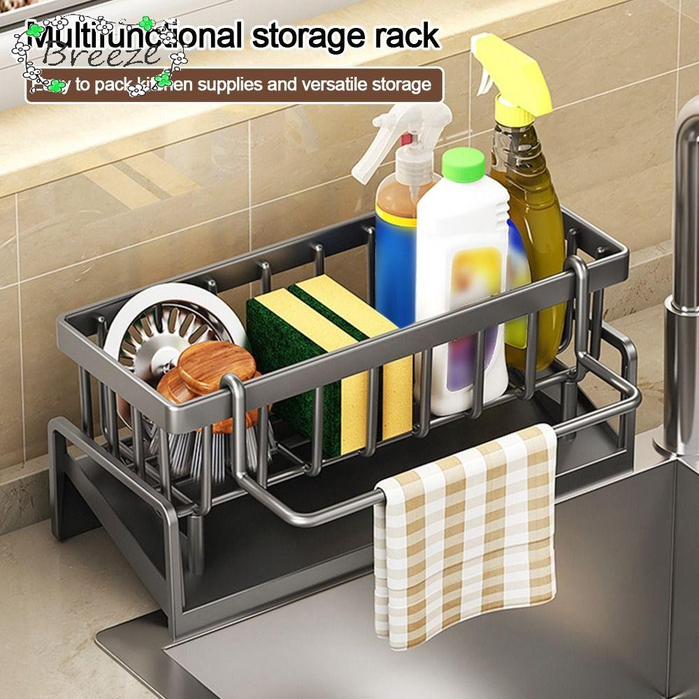 BREEZE ชั้นวางอ่างล้างจานระบายน้ําด้วยตนเอง, Rag Organizer ชั้นเก็บห้องครัวแบบพกพา, Creative ขนาดใหญ่ขนาดใหญ่ความจุ ABS ที่วางฟองน้ําห้องน้ําชั้นวางแชมพู