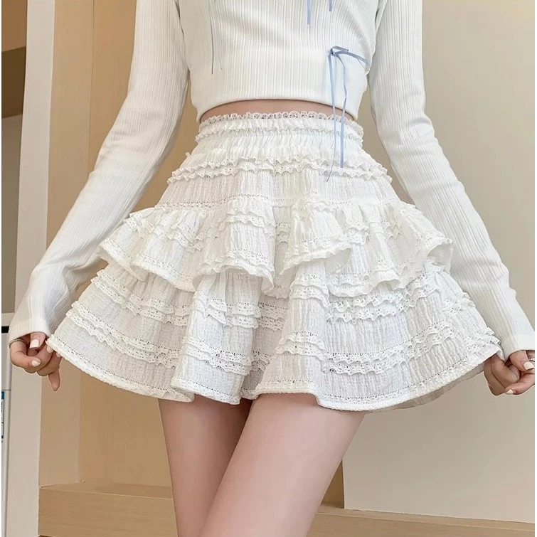 กระโปรงบัลเล่ต์ M-4XL กระโปรงระบาย มีซับในกางเกง แต่งลูกไม้ ลุคสุดหวาน/เที่ยวคาเฟ่ สาวอวบใส่ได้