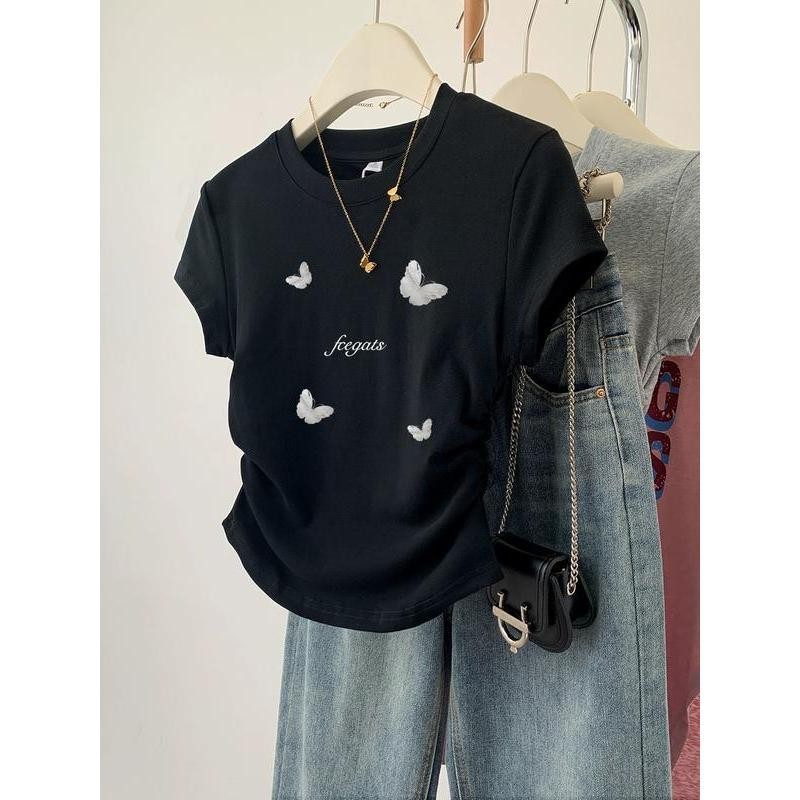 เสื้อยืดครอป แขนสั้น เวอร์ชั่นเกาหลีของกระแสน้ำแน่นเข้ารูปพอดีสั้นเอวสูงบางผู้หญิงด้านบน Women Lady Clothing Tshirt