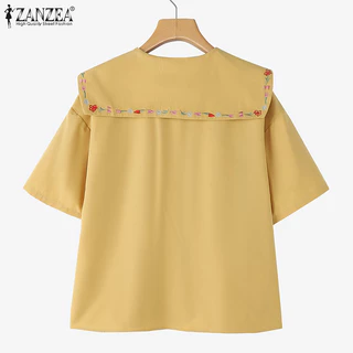 ZANZEA ซานเซีย ผู้หญิงเกาหลีลําลองแขนสั้นเย็บปักถักร้อยพิมพ์เสื้อกระเป๋า