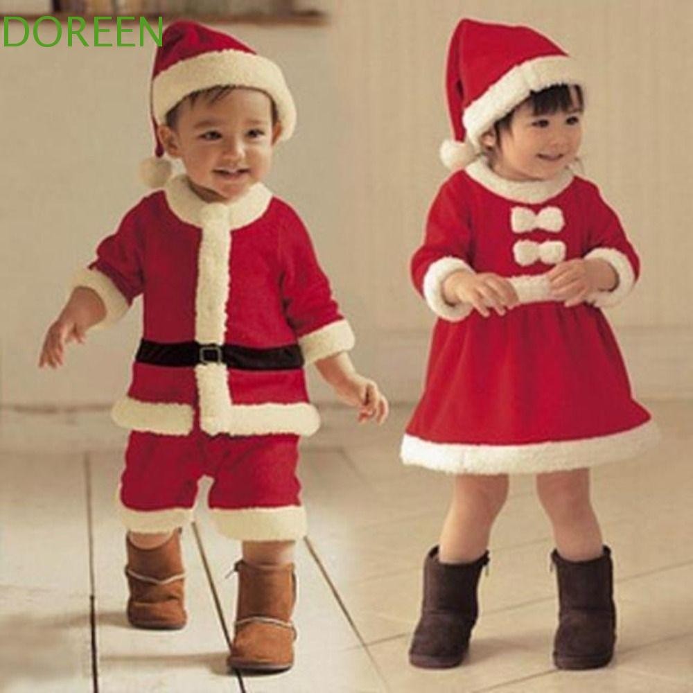 Doreen Santa Claus เครื่องแต่งกายเด็กสร้างสรรค์เด็กวัยหัดเดินเด็กสีแดง Xmas เสื้อผ้าสําหรับการแสดงบนเวทีเครื่องแต่งกายพร้อมหมวก