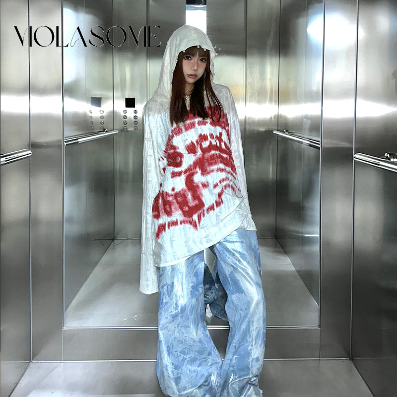 Molasome ผู้หญิง 2024 ใหม่แฟชั่นสีทึบธรรมดาพิมพ์แขนยาว Hooded All Match Hoodies