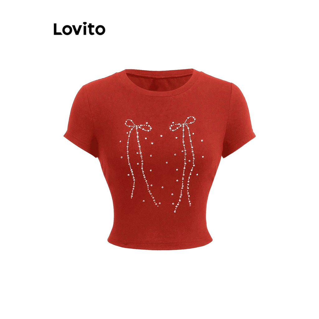 Lovito เสื้อยืด ไรน์สโตนผีเสื้อน่ารักสำหรับผู้หญิง LAD106358