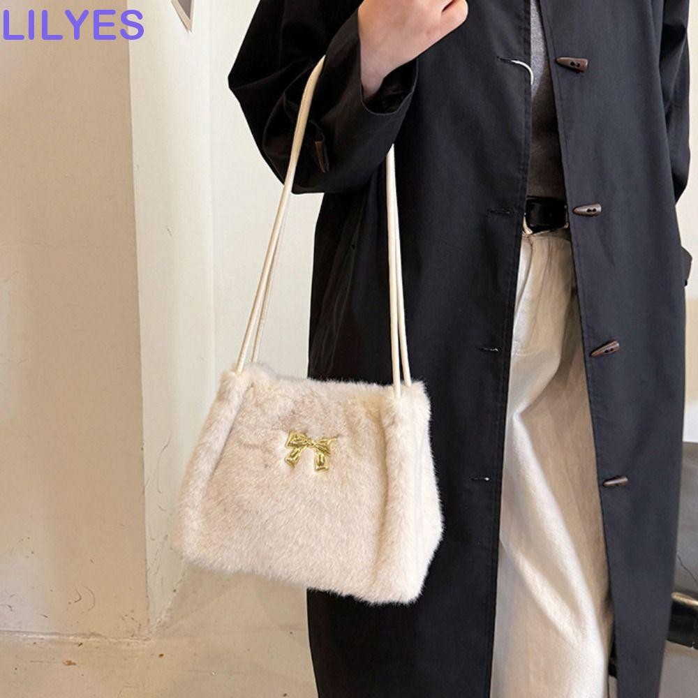 Lilyes กระเป๋าสะพายโบว์ตุ๊กตา,ความจุขนาดใหญ่สีครีมวันหยุด Tote Bag,แบบพกพาสีทึบสไตล์เกาหลีพนักงานออฟฟิศ Tote กระเป๋าสะพายเดินทาง