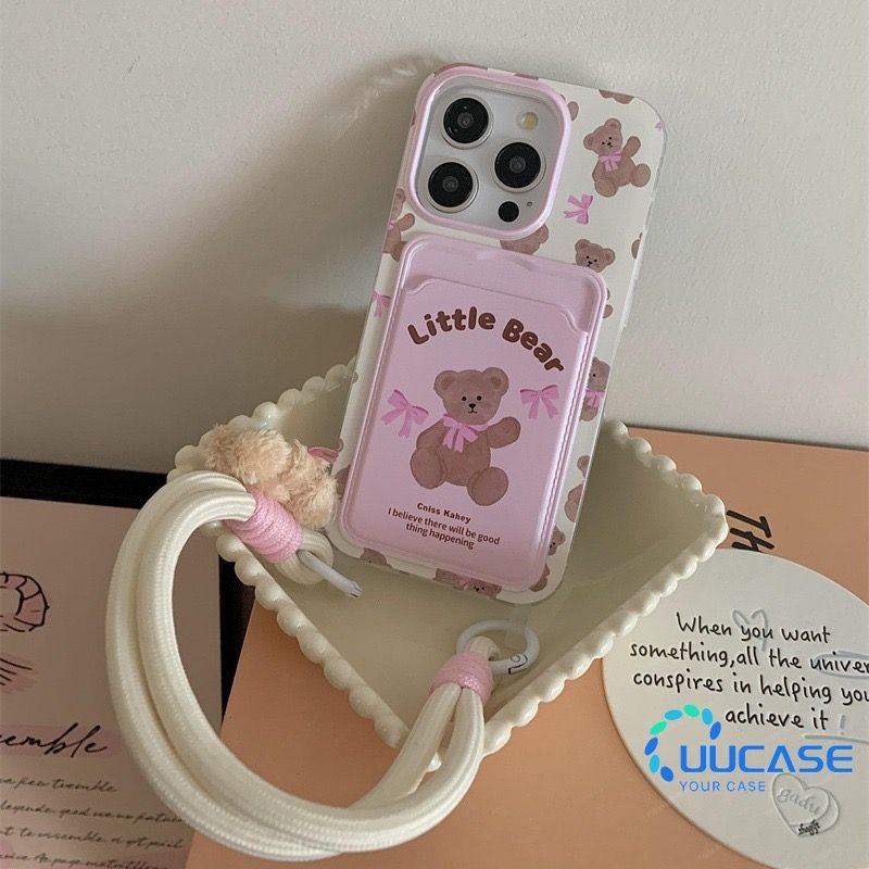 สีชมพูโบว์หมีตุ๊กตาสําหรับ iphone15Promax สไตล์ใหม่ 6plus 7plus 8plus 14pronax 15max 13pro 11 11pm xsmax Lanyard 12 13 Soft Shell Photo ID Card GKB