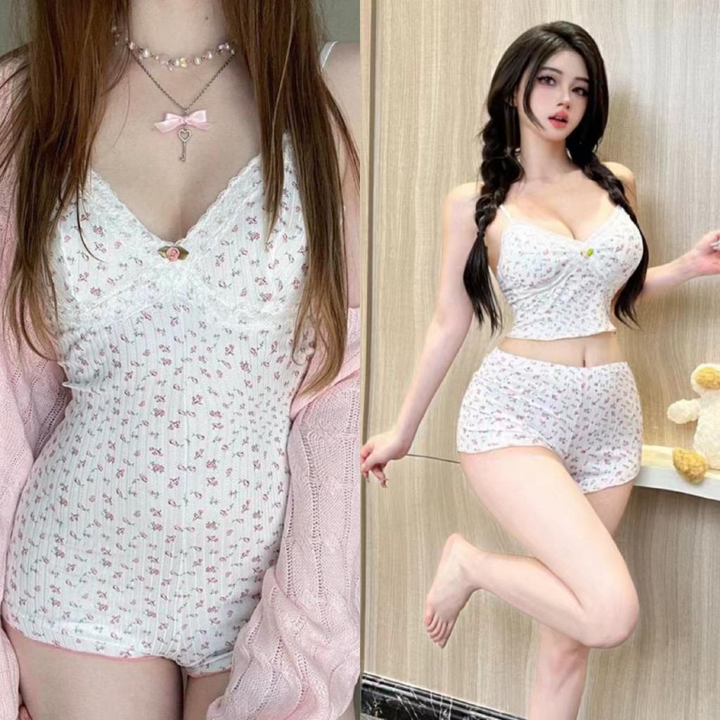 BIMI ชุด จัดส่งจากกรุงเทพ จั้มสูทเอี๊ยมสายเดี่ยวลูกไม้ตัดต่อลายดอกไม้ หวาน น่ ผู้หญิง Girl เสื้อผ้า