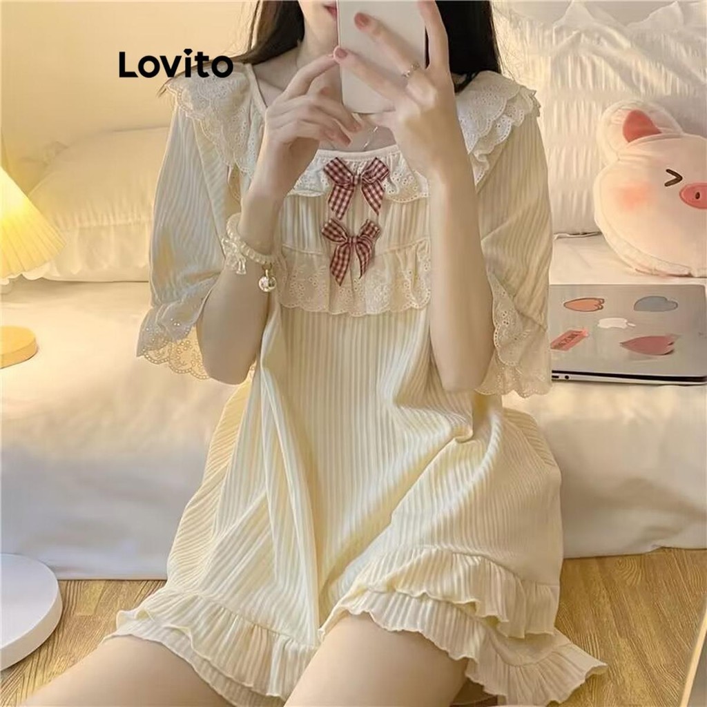 Lovito เซ็ทชุดนอนผู้หญิง แต่งโบว์ ลายดอกไม้ สไตล์ลำลอง LNA57225