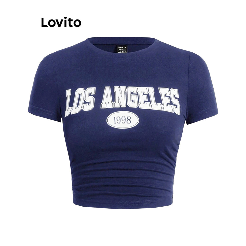 Lovito เสื้อยืดลายธรรมดาสำหรับผู้หญิง L95ED015