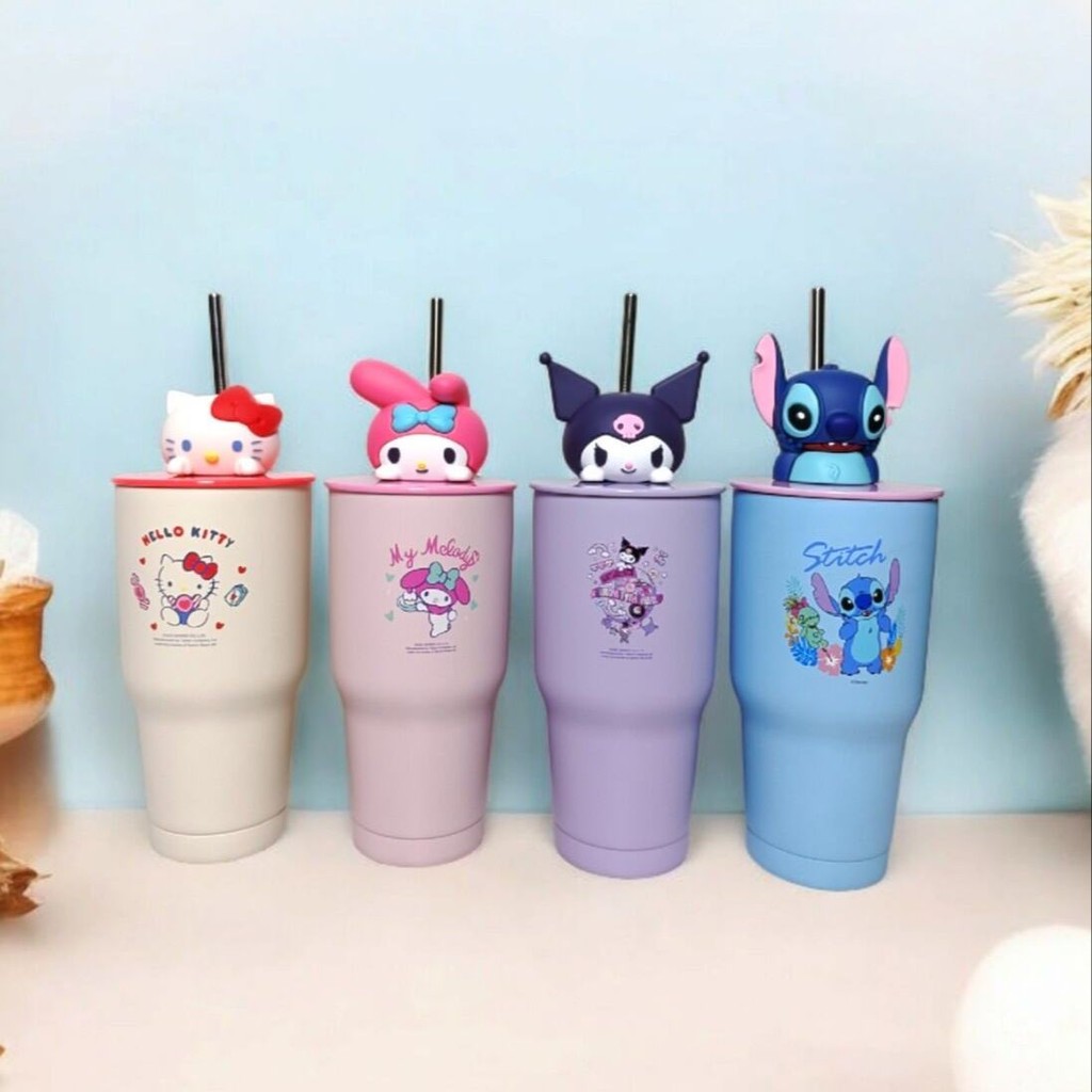 แก้วเก็บความเย็น ลายการ์ตูนมีตัวการ์ตูนติดหลอด ขนาด900ml/30oz พร้อมส่ง