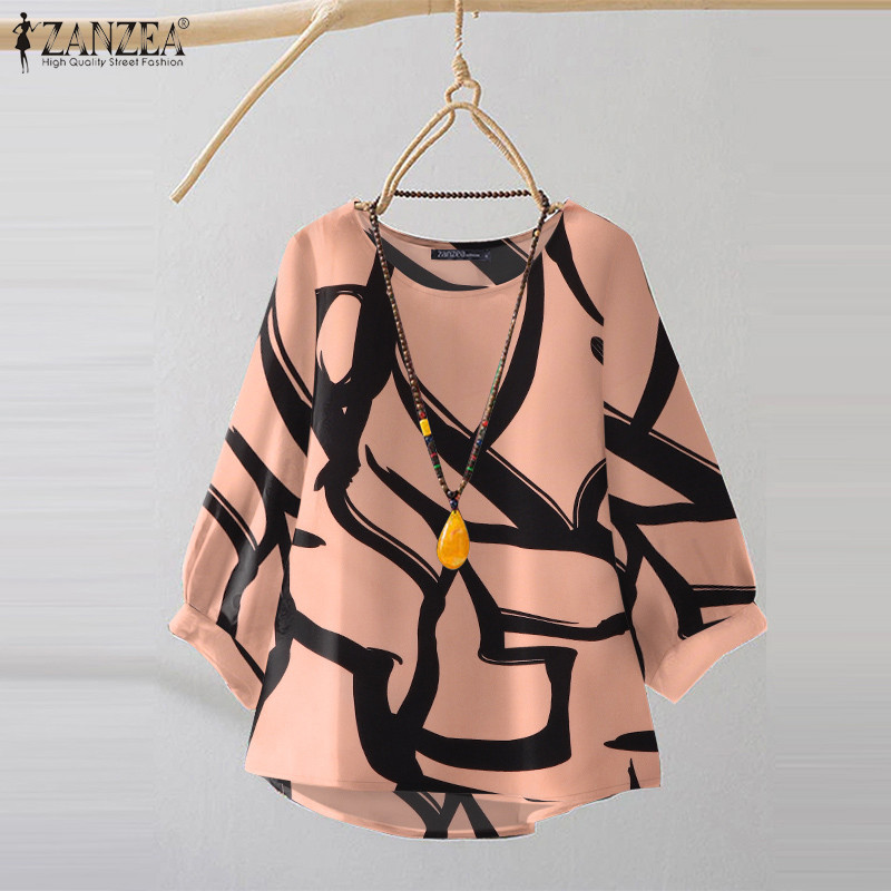 ZANZEA ซานเซีย ผู้หญิงลําลองรอบคอเรขาคณิตพิมพ์หลวม3/4แขนเสื้อ — صورة 5