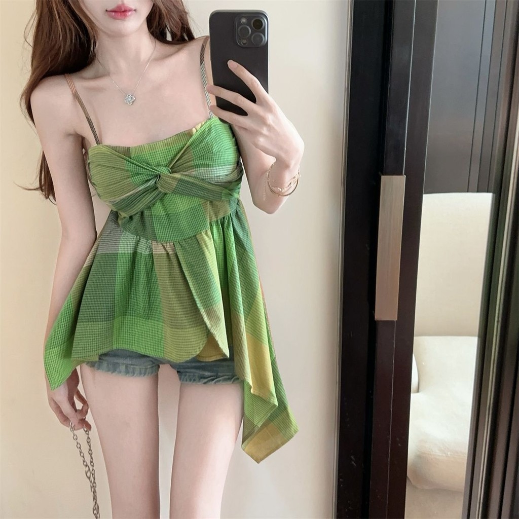 การออกแบบรูปแบบตรวจสอบ โดปามีน สีตัดกันผูกปม เสื้อชั้นในสตรี อินเทรนด์แฟชั่นฤดูร้อนสไตล์ใหม่ฝรั่งเศสย้อนยุคด้านบนผู้หญิงเสื้อผ้าสตรี