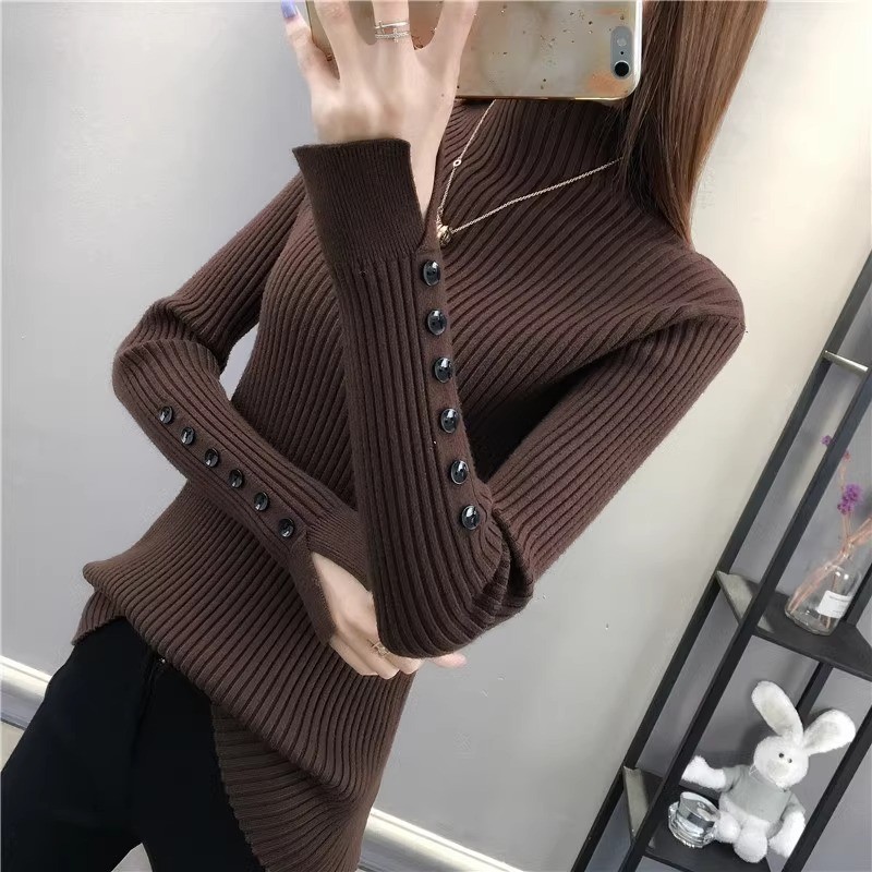 เส้นด้ายต่อแกนผ้า 2024 ฤดูใบไม้ร่วงฤดูหนาวรูปแบบใหม่ครึ่งคอเต่า Slim-fit Bottoming เสื้อเสื้อกันหนาวปุ่ม