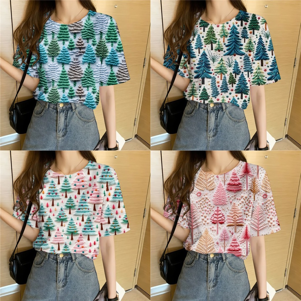 2568 คริสต์มาสถักพิมพ์เสื้อคริสต์มาสขนาดใหญ่เสื้อยืดวันหยุดใหม่เสื้อยืดต้นคริสต์มาสพิมพ์ด้านบนสบายๆกลางแจ้งถนนเทศกาลเสื