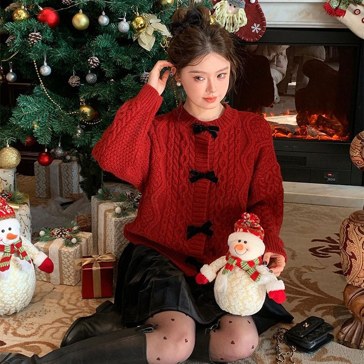 Veewink พร้อมส่งจากกรุงเทพฯ เสื้อสเวตเตอร์คริสต์มาส เสื้อสเวตเตอร์แขนยาว ลายทางสำหรับผู้หญิง สไตล์ฝรั่งเศสผูกโบว์ - รูปที่ 7
