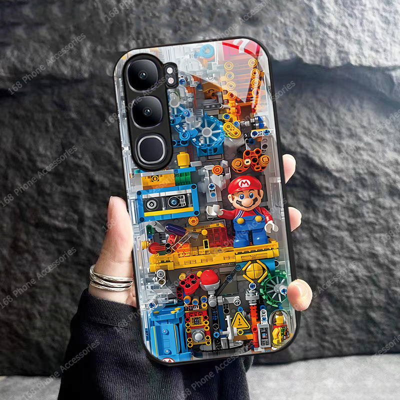 เคส Vivo Y200 5G เคสการ์ตูนอะนิเมะบล็อกอาคาร Mario กันกระแทกพร้อมเลนส์กล้องป้องกันหรูหราของเหลวแก้วโทรศัพท์สําหรับเด็กผู้ชายผู้ชาย