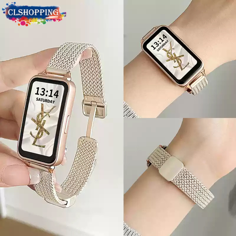 Slim สแตนเลสโลหะแม่เหล็กพับหัวเข็มขัดสําหรับ Huawei band 10 9 NFC 8 สายรัดข้อมือเปลี่ยนสายรัดข้อมือสําหรับ Huawei Watch Fit3