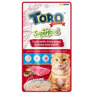 Toro Plus Superfood ผลิตจากปลาทูน่าแท้ ผสมผักและผลไม้ที่เป็นซูปเปอร์ฟูดส์ให้คุณค่าสารอาหารสูง แพ็ค 14g x 5 ซอง