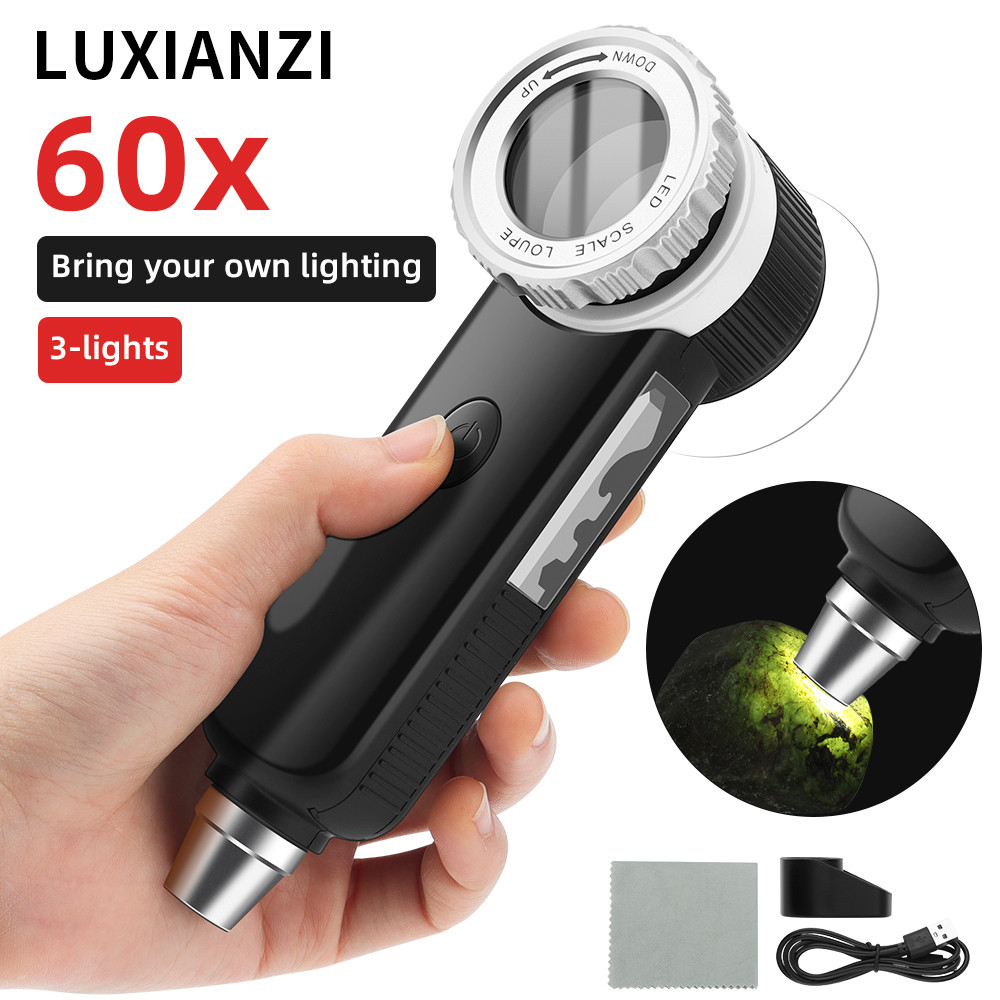 60x แว่นขยาย USB ชาร์จพร้อมไฟ LED UV สําหรับเครื่องประดับ Appreciation แว่นขยาย