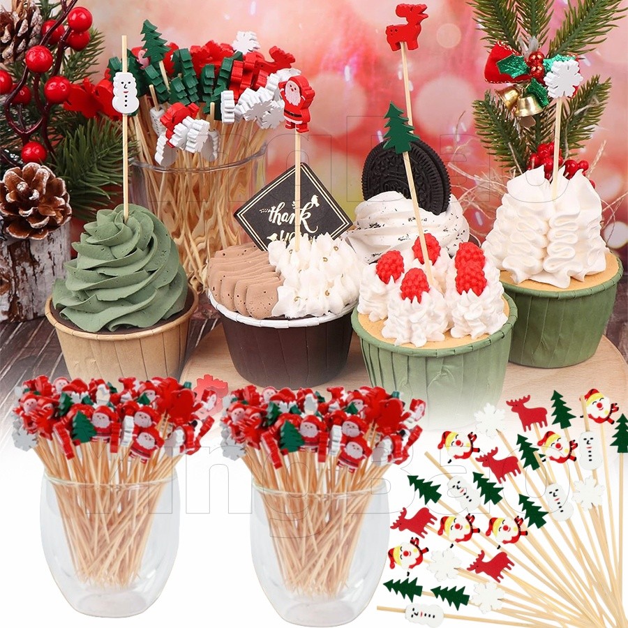 100 ชิ้นคริสต์มาสทิ้งไม้ไผ่ Skewers Santa Claus Snowman Pick Buffet Cupcake ส้อมไม้จิ้มฟัน Christmas Party Decor อุปกรณ์