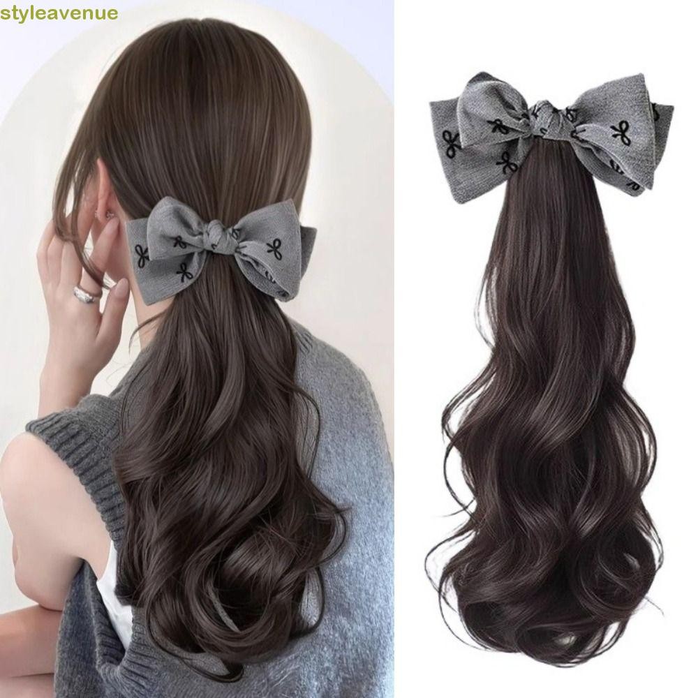สไตล์เวนยู วิกผมหางม้าโบว์สีดําสีเทา,สไตล์เกาหลีสังเคราะห์ยาวหยักผมหางม้า,ต่อผมหรูหราปุยธรรมชาติผมหางม้าแฮร์พีชใช้ทุกวัน