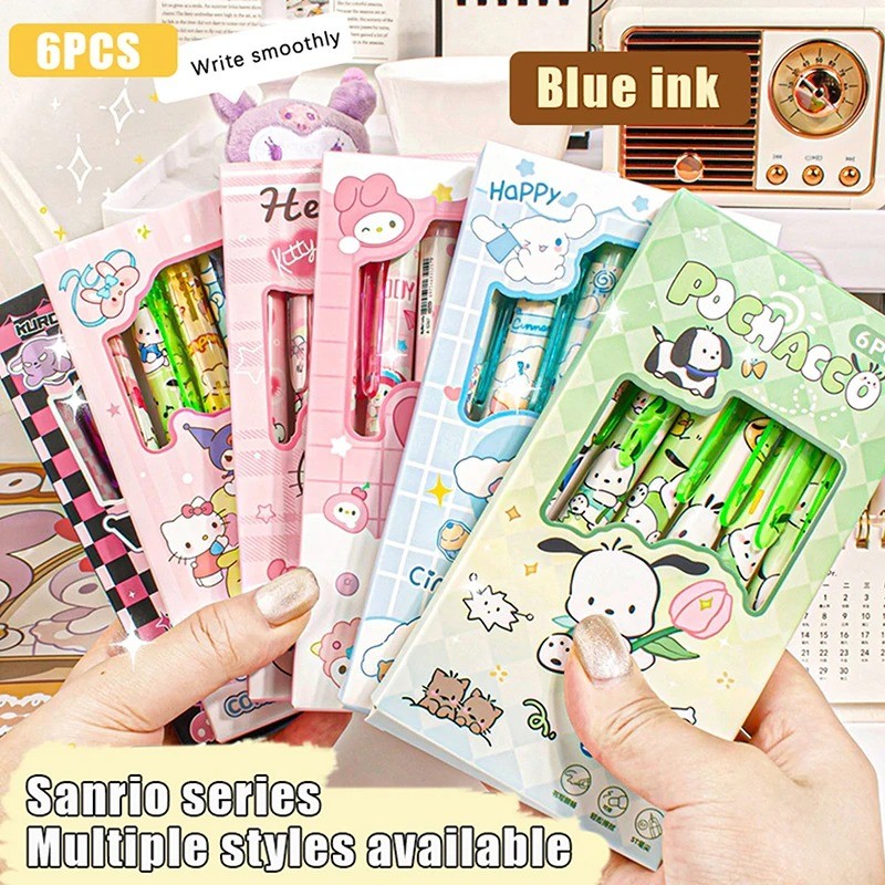 Sanrio 6pcs ปากกาเจล 0.55 มม.ปากกาลบได้สีน้ําเงิน Hello Kitty Kuromi Melody ปากกาลูกลื่นแห้งเร็ว Study อุปกรณ์เครื่องเขียนสําหรับเด็ก