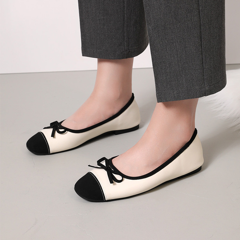 แฟชั่นผู้หญิงรองเท้าแบนตารางนิ้วเท้าโบว์ที่เรียบง่ายสบายๆสีจับคู่สบายทุกการแข่งขันรองเท้าเดียว