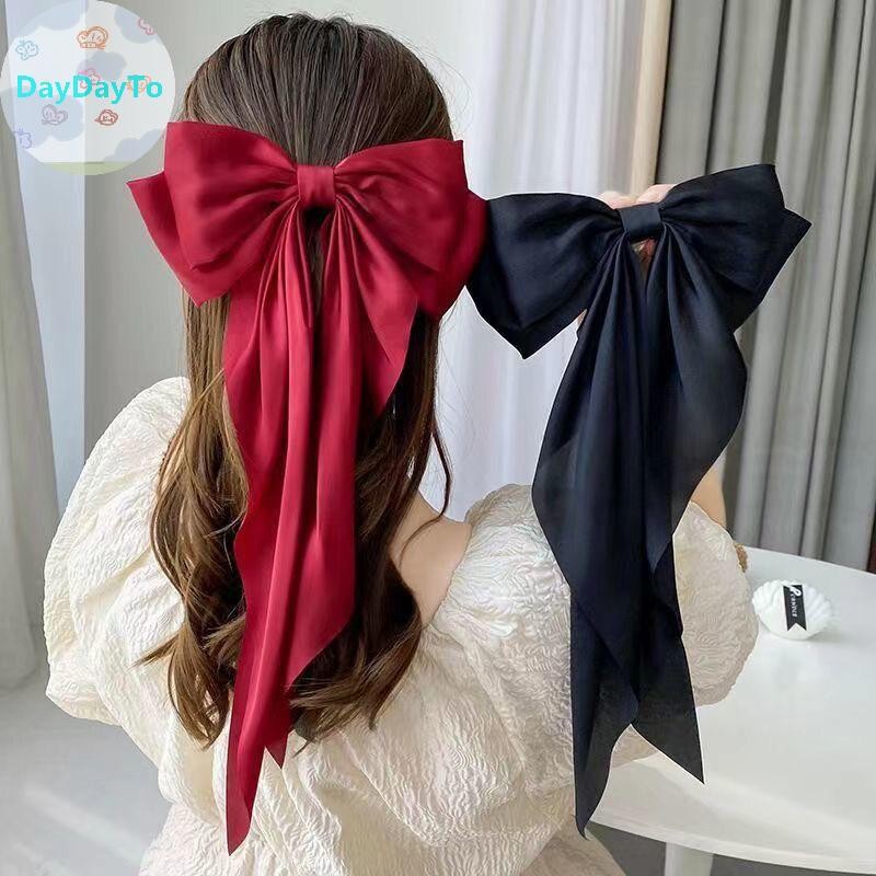 DayDayTo Elegant Red Streamer ริบบิ้นโบว์ขนาดใหญ่สําหรับผู้หญิงแฟชั่น Simple Solid Sa หางม้าโบว์ Hairpin หญิงอุปกรณ์เสริมผม TH