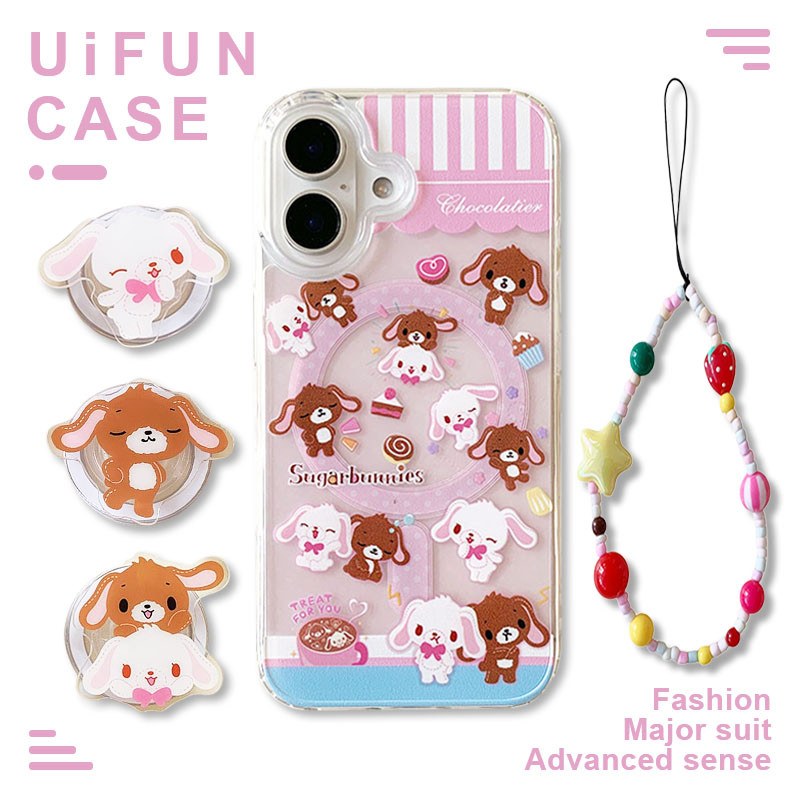 น่ารัก Sanrio Sugarbunnies กระต่ายผู้ถือแม่เหล็กไร้สายชาร์จเคสโทรศัพท์เข้ากันได้สําหรับ iPhone 16 Plus 15 14 13 12 Pro Max 11 พร้อมโซ่อะคริลิคกันกระแทกเปลือกมือถือ