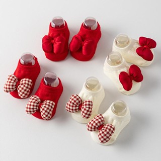 น่ารักโบว์ถุงเท้าเด็กสีขาวสีแดงเด็กทารกสาวผ้าฝ้ายกันลื่นชั้น…