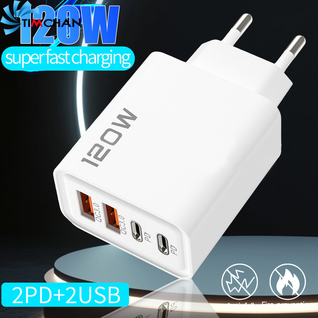 4-in-1 120W USB-A USB-C Charger Block - EU US UK Wall Charger Plug พร้อมสาย - Universal Travel Charging Set - Tablet Phone Power Adapter - Ultra Fast USB 3.0 Type C Charger