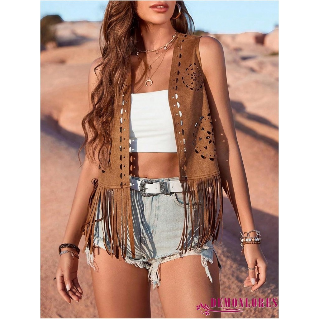 Demonlores-women Fringe Faux Suede Casual เปิดด้านหน้าแขนกุดพู่ Hippie Vest