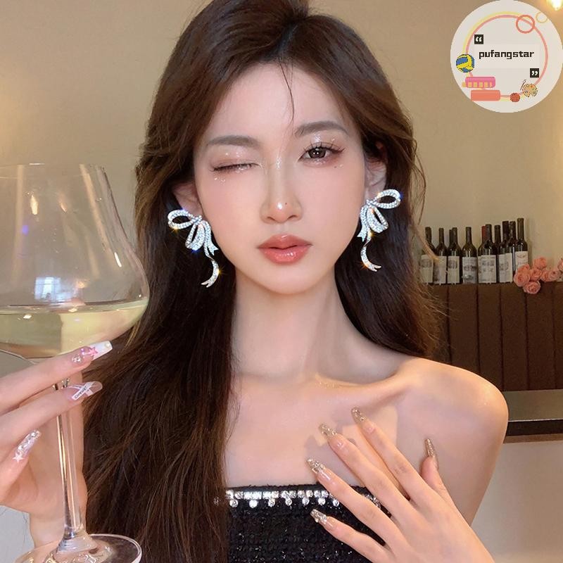 Pufangstar 1 คู่ Rhinestone Bowknot จี้ต่างหูผู้หญิงโอ้อวด Elegant ริบบิ้นโบว์ยาว sel ต่างหูเครื่องประดับ TH
