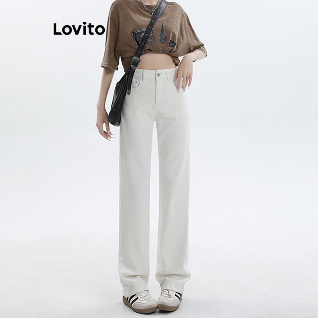 Lovito กางเกงยีนส์ผู้หญิง สีพื้น สไตล์ลำลอง LNA69190