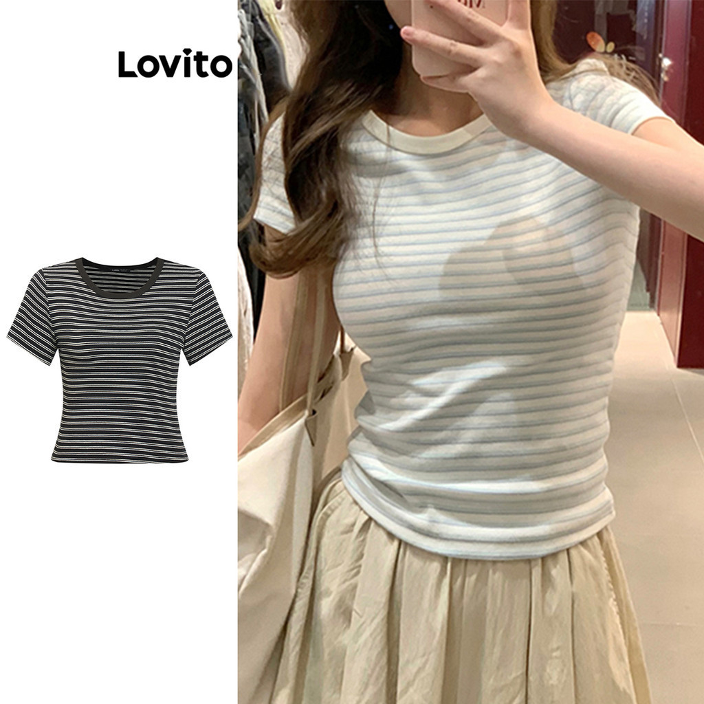 Lovito เสื้อยืดผู้หญิง เบสิก สีพื้น สไตล์ลำลอง LNA44257