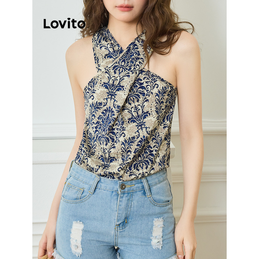 Lovito เสื้อแขนกุดผู้หญิง พิมพ์ลายชนเผ่า สายไขว้ สไตล์โบโฮ L92MD984