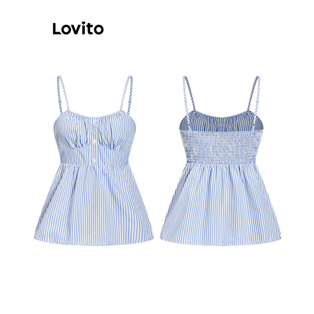 Lovito โบโฮลายนัวเนียกุ๊นขอบจีบโครงสร้างสายเสื้อกล้ามสำหรับผู้หญิง L100MD126