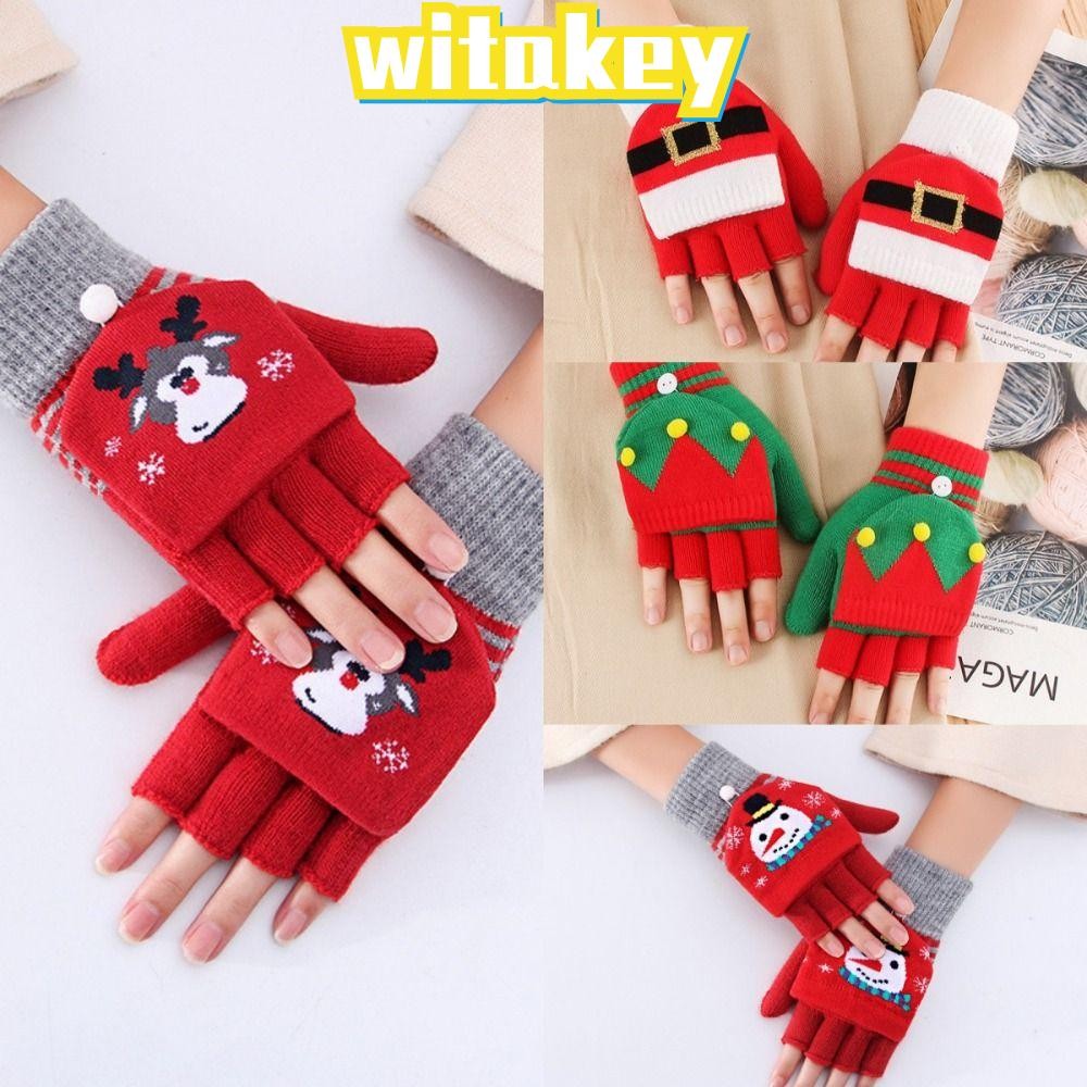 Witakey ถุงมือคริสต์มาส, ต้นคริสต์มาสลายกวางผ้าอะคริลิคถุงมือครึ่งนิ้ว, ของขวัญให้ความอบอุ่นถุงมือความร้อนคริสต์มาส