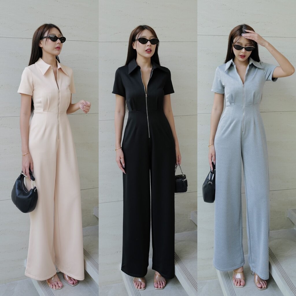 #9771 จั้มคอปกแขนสั้นชิปหน้า ขายาวทรงกระบอบตรง ใส่ง่ายเหมือนชุดหมี intuon