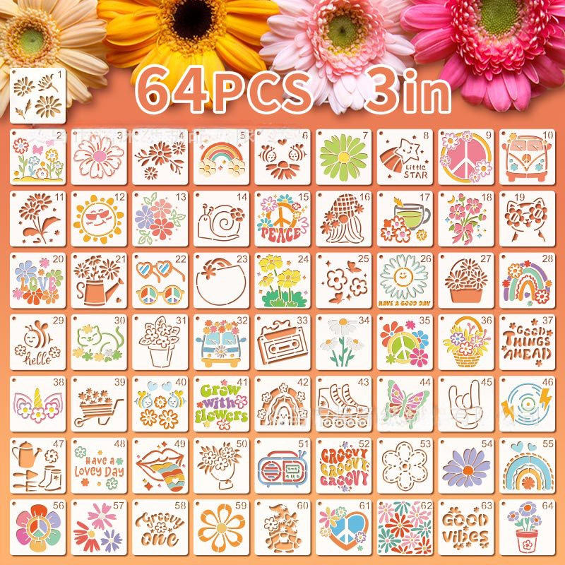 แม่แบบภาพวาดเดซี่ 64 ชิ้น แม่แบบกราฟฟิตีกลวง เครื่องมือพ่นสีสเปรย์